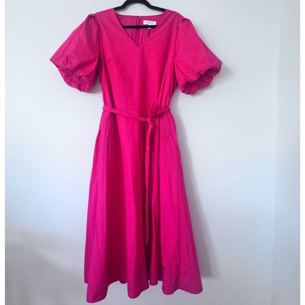 Banana Republic Pink Cotton Maxi Dress L Puff Sleeve Flowy Tie Waist V-Neck Belt